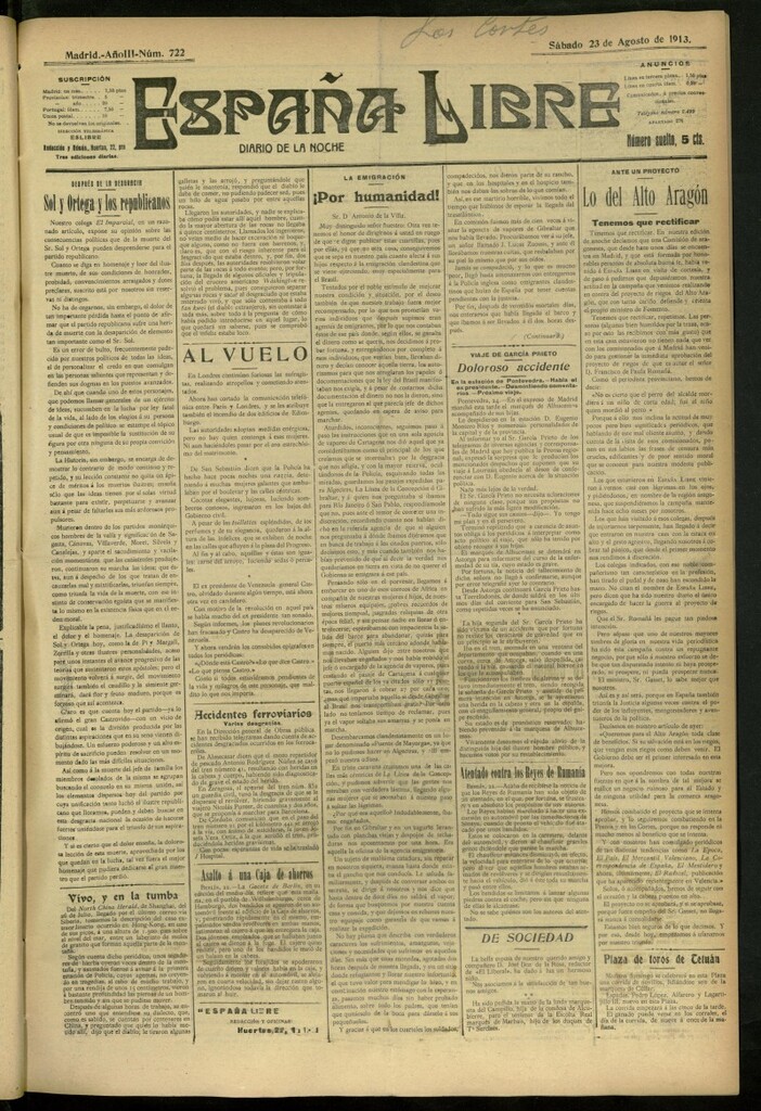 Miniatura de España Libre : Diario de la noche del 23 de agosto de 1913, nº 722