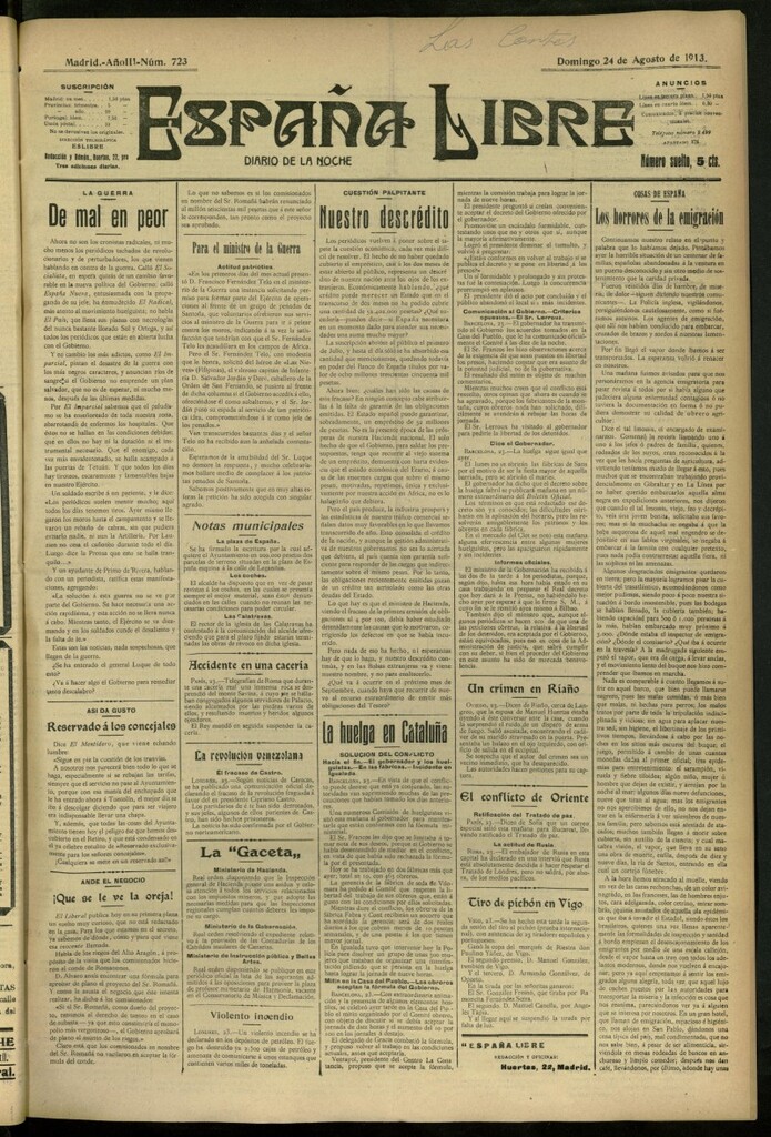 Miniatura de España Libre : Diario de la noche del 24 de agosto de 1913, nº 723