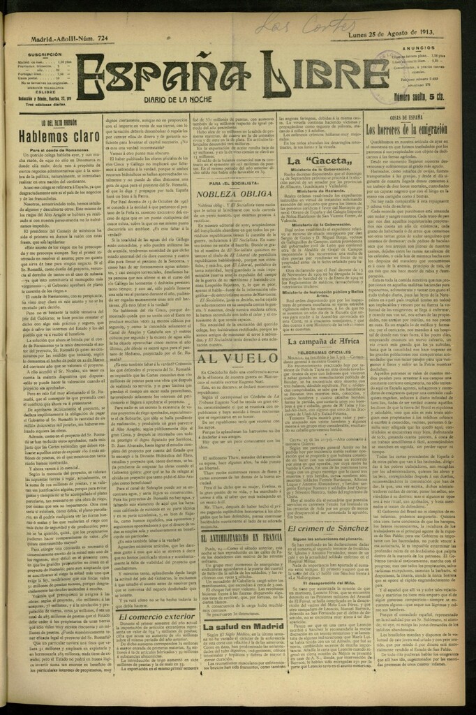 Miniatura de España Libre : Diario de la noche del 25 de agosto de 1913, nº 724