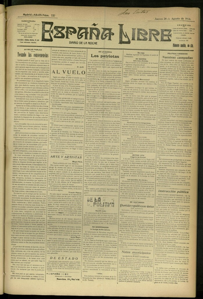 Miniatura de España Libre : Diario de la noche del 28 de agosto de 1913, nº 727