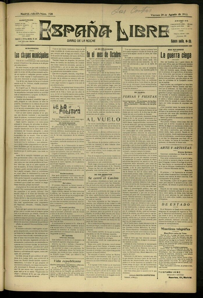 Miniatura de España Libre : Diario de la noche del 29 de agosto de 1913, nº 728