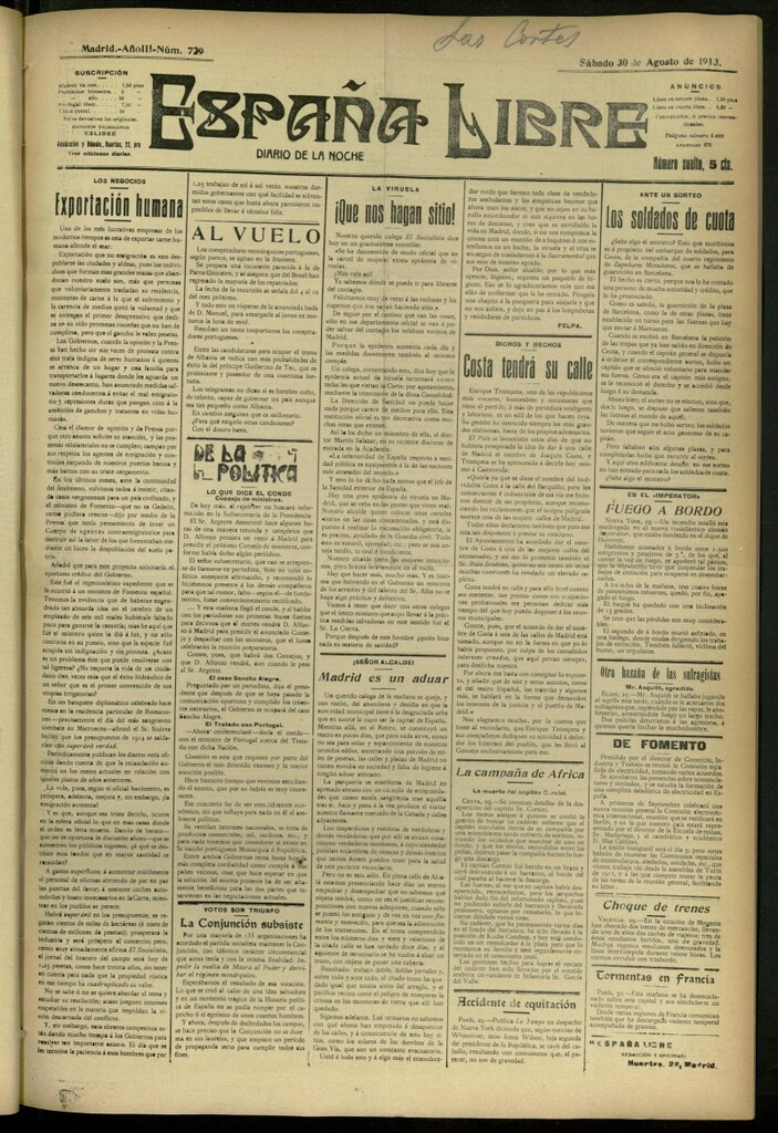 Miniatura de España Libre : Diario de la noche del 30 de agosto de 1913, nº 729