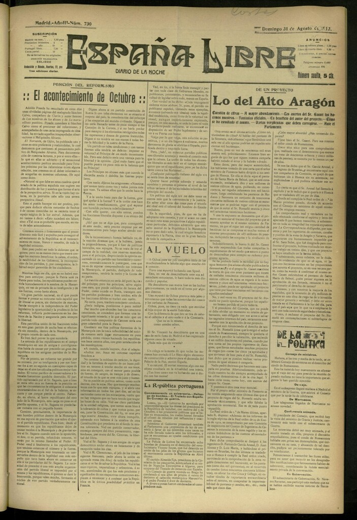 Miniatura de España Libre : Diario de la noche del 31 de agosto de 1913, nº 730