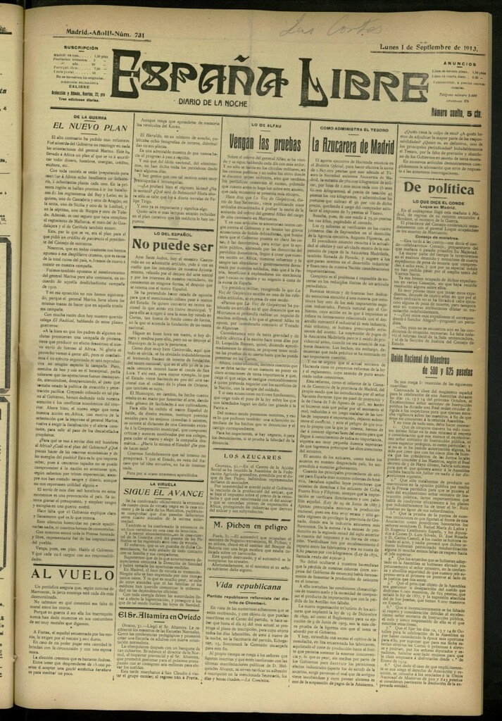 Miniatura de España Libre : Diario de la noche del 1 de septiembre de 1913, nº 731