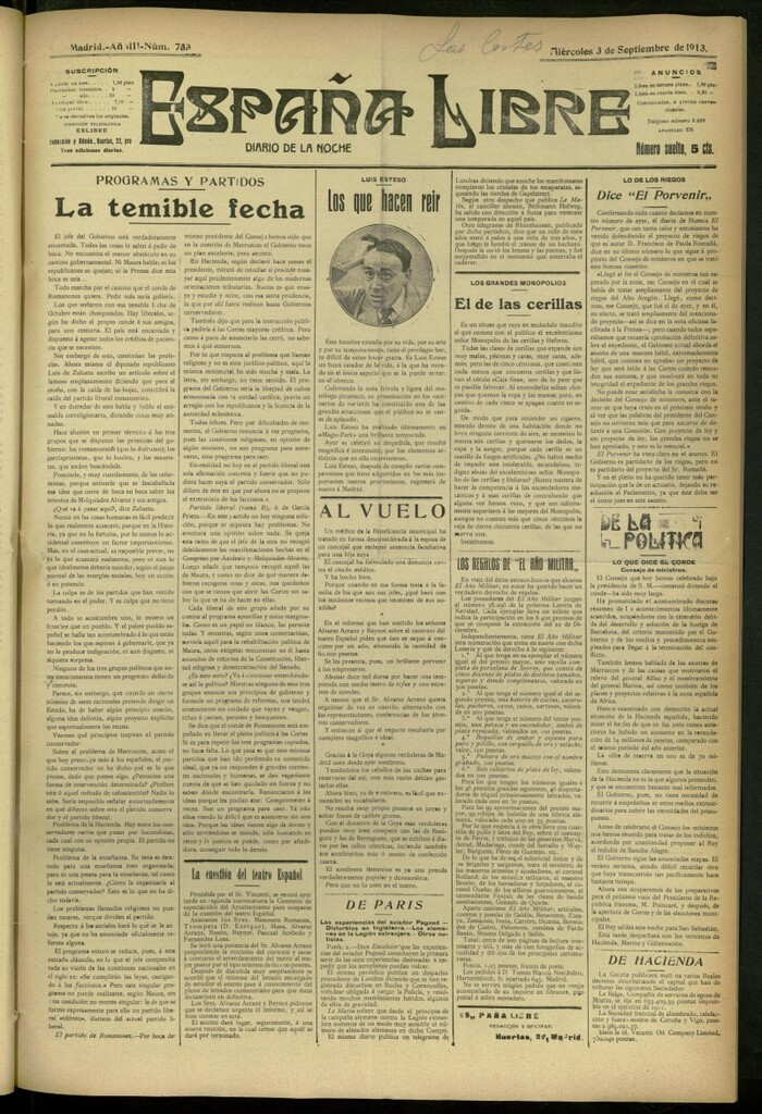Miniatura de España Libre : Diario de la noche del 3 de septiembre de 1913, nº 733
