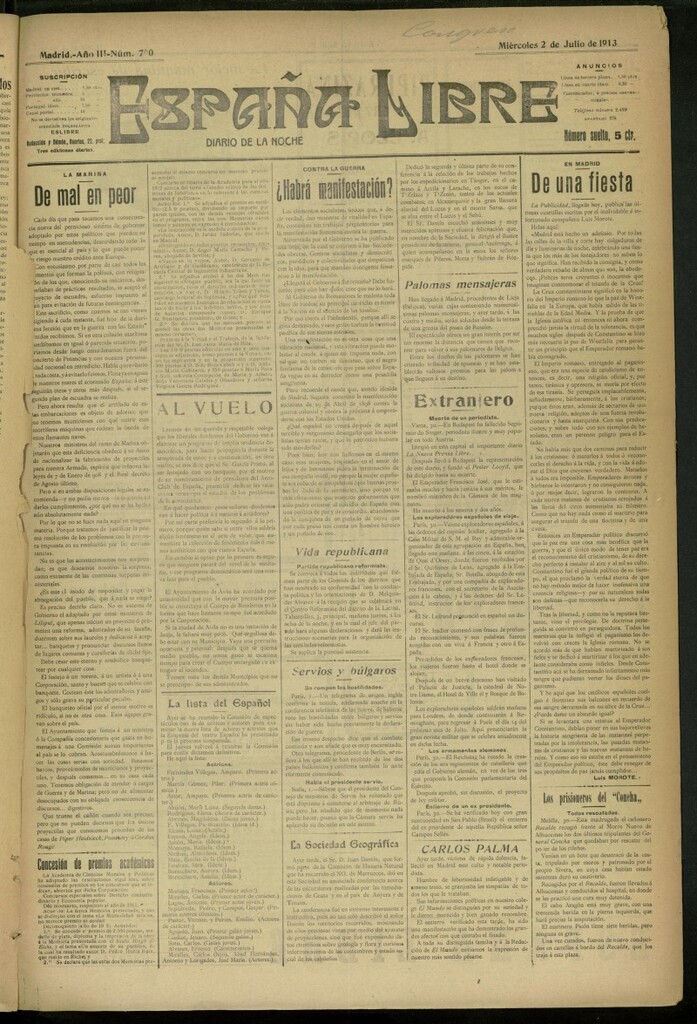 Miniatura de España Libre : Diario de la noche del 2 de julio de 1913, nº 670 [sic]