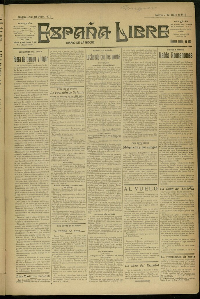 Miniatura de España Libre : Diario de la noche del 3 de julio de 1913, nº 671
