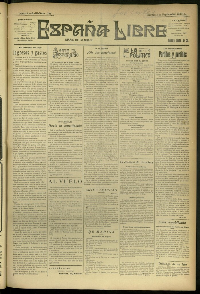 Miniatura de España Libre : Diario de la noche del 5 de septiembre de 1913, nº 735