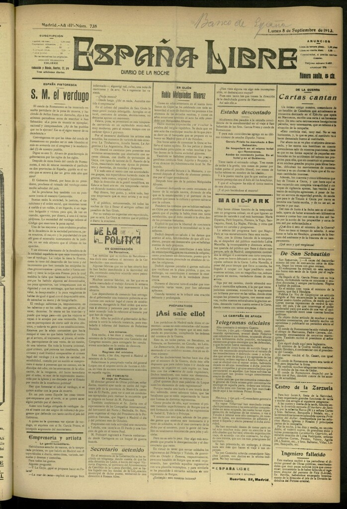 Miniatura de España Libre : Diario de la noche del 8 de septiembre de 1913, nº 738