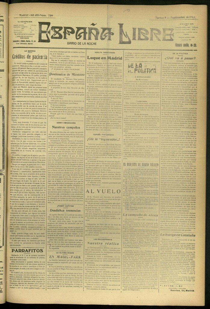 Miniatura de España Libre : Diario de la noche del 9 de septiembre de 1913, nº 739