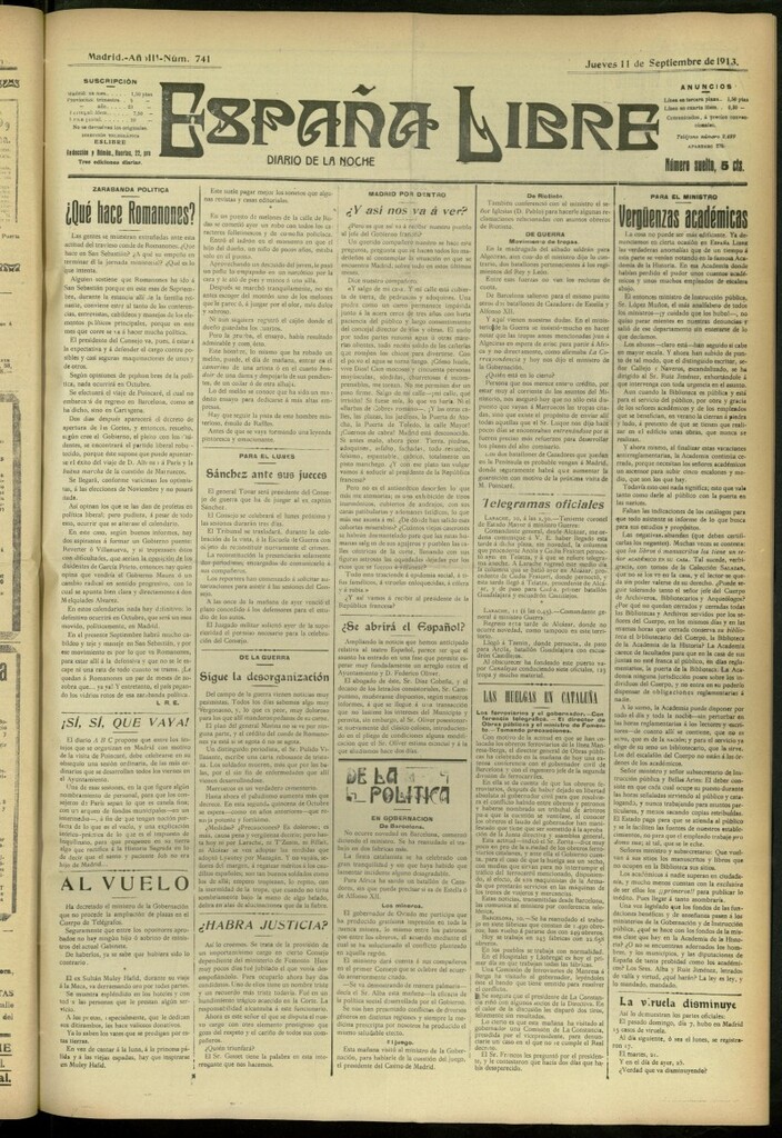 Miniatura de España Libre : Diario de la noche del 11 de septiembre de 1913, nº 741