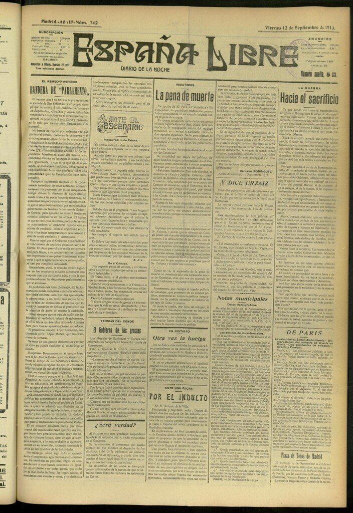 Miniatura de España Libre : Diario de la noche del 12 de septiembre de 1913, nº 742