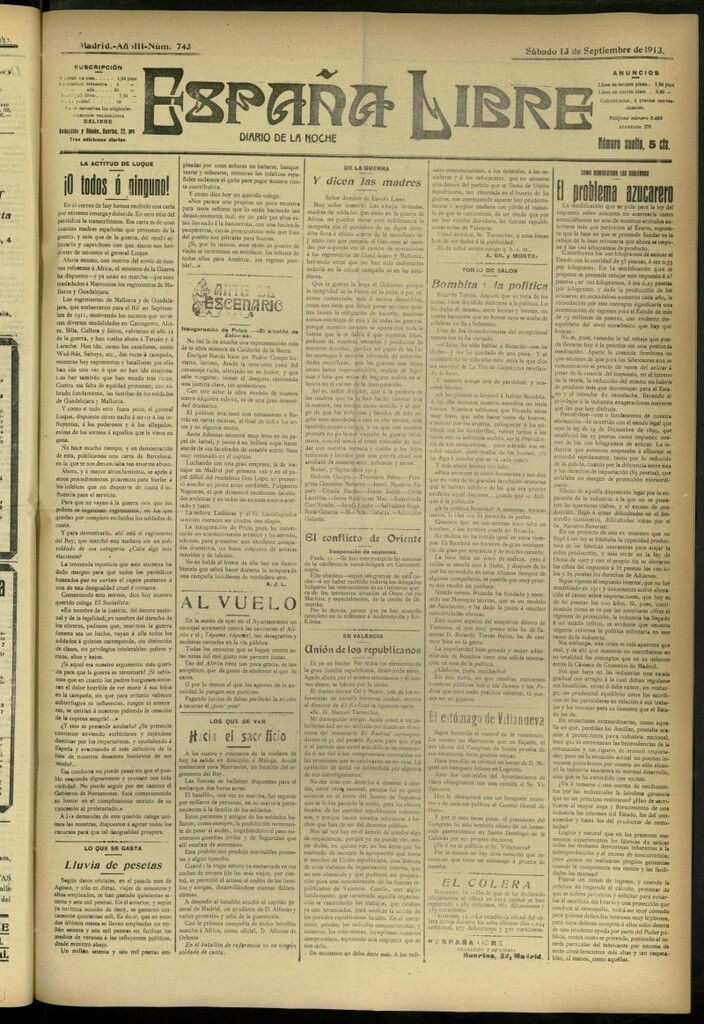 Miniatura de España Libre : Diario de la noche del 13 de septiembre de 1913, nº 743