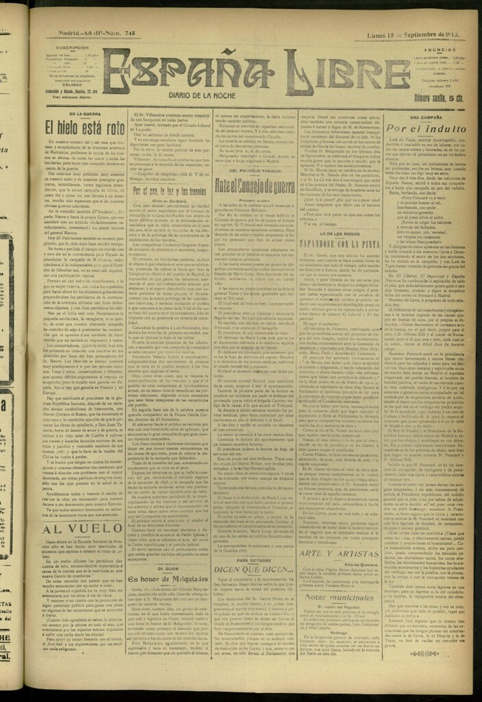 Miniatura de España Libre : Diario de la noche del 15 de septiembre de 1913, nº 745