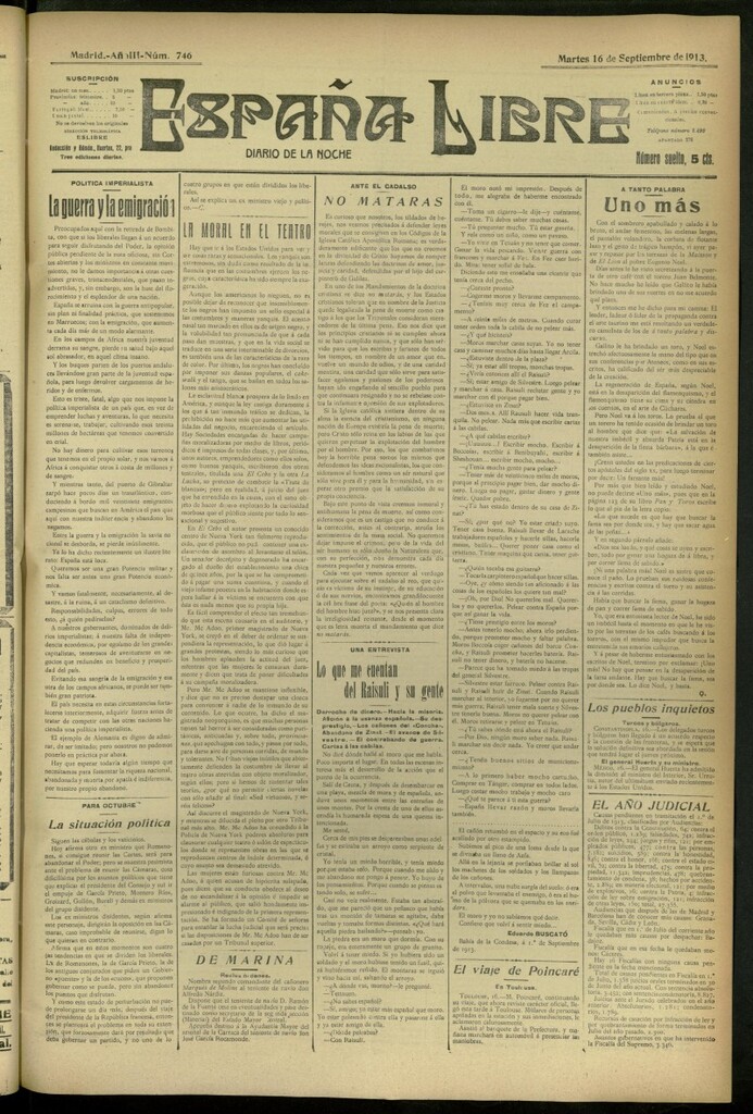 Miniatura de España Libre : Diario de la noche del 16 de septiembre de 1913, nº 746