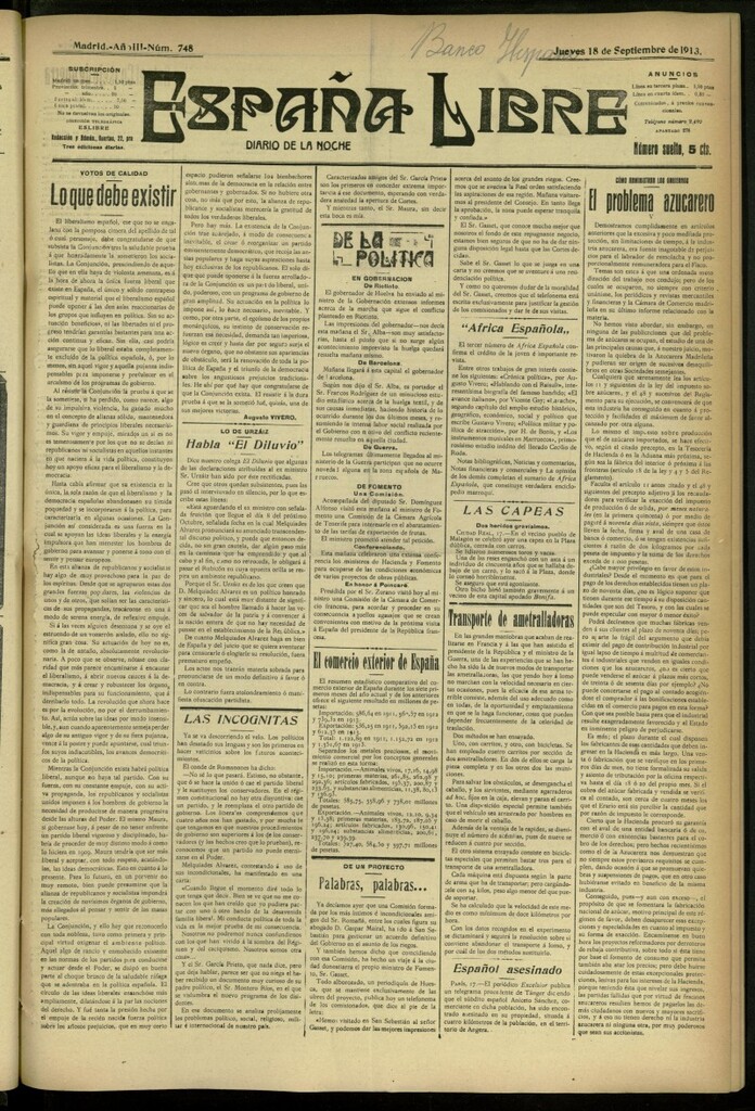 Miniatura de España Libre : Diario de la noche del 18 de septiembre de 1913, nº 748