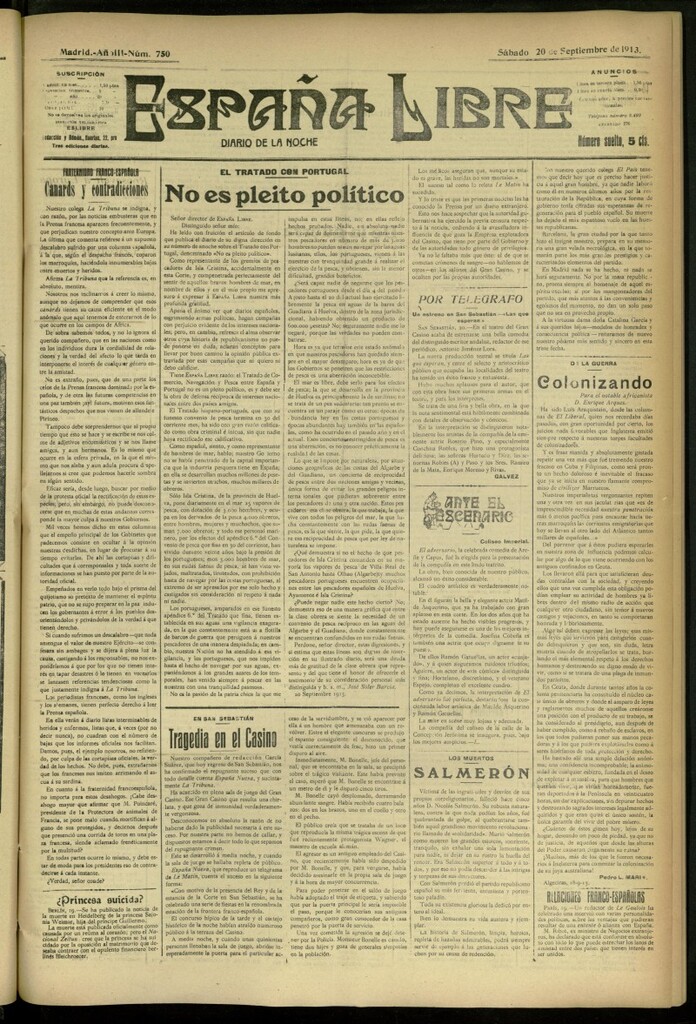 Miniatura de España Libre : Diario de la noche del 20 de septiembre de 1913, nº 750