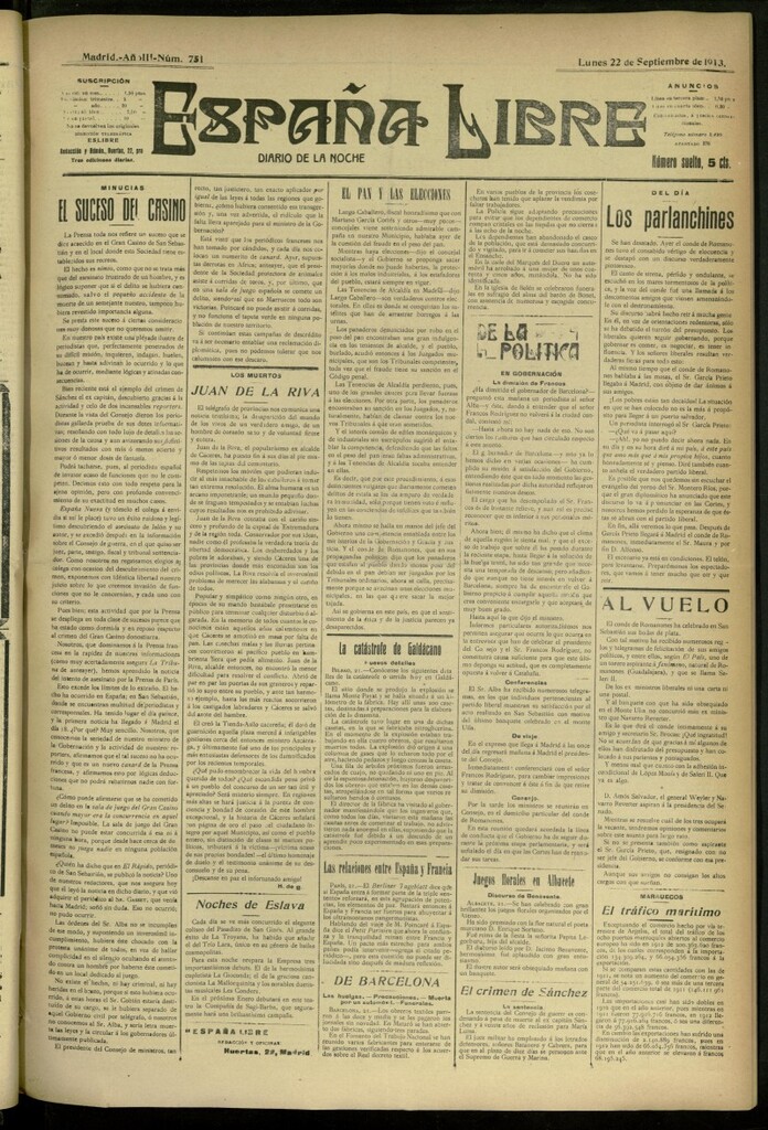 Miniatura de España Libre : Diario de la noche del 22 de septiembre de 1913, nº 751