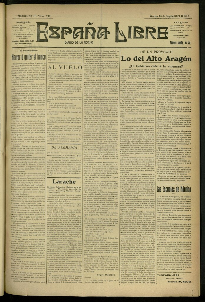 Miniatura de España Libre : Diario de la noche del 23 de septiembre de 1913, nº 752