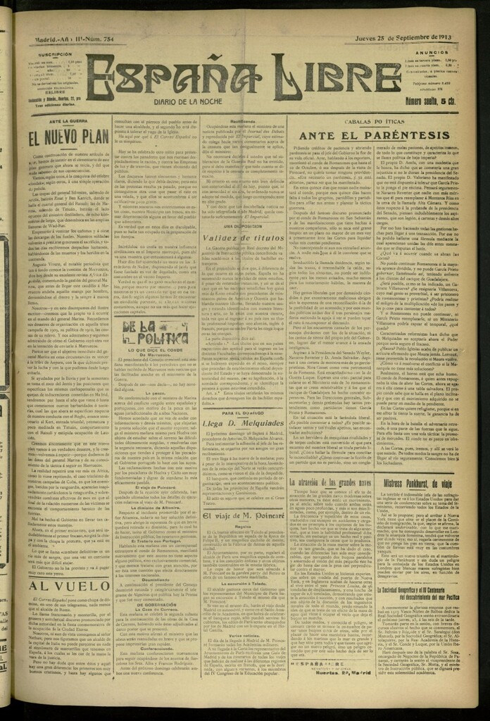 Miniatura de España Libre : Diario de la noche del 25 de septiembre de 1913, nº 754