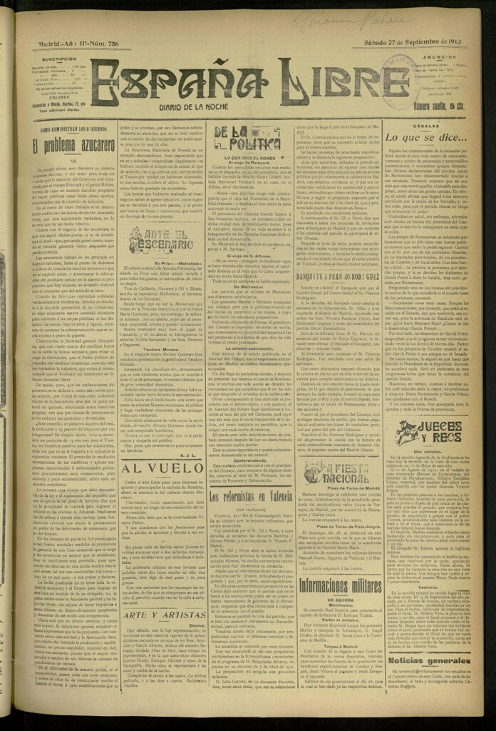 Miniatura de España Libre : Diario de la noche del 27 de septiembre de 1913, nº 756