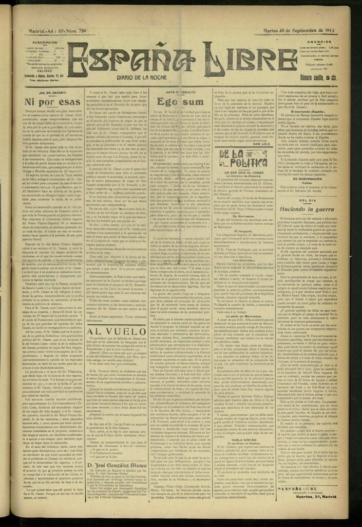 Miniatura de España Libre : Diario de la noche del 30 de septiembre de 1913, nº 759
