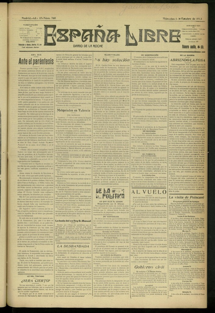 Miniatura de España Libre : Diario de la noche del 1 de octubre de 1913, nº 760