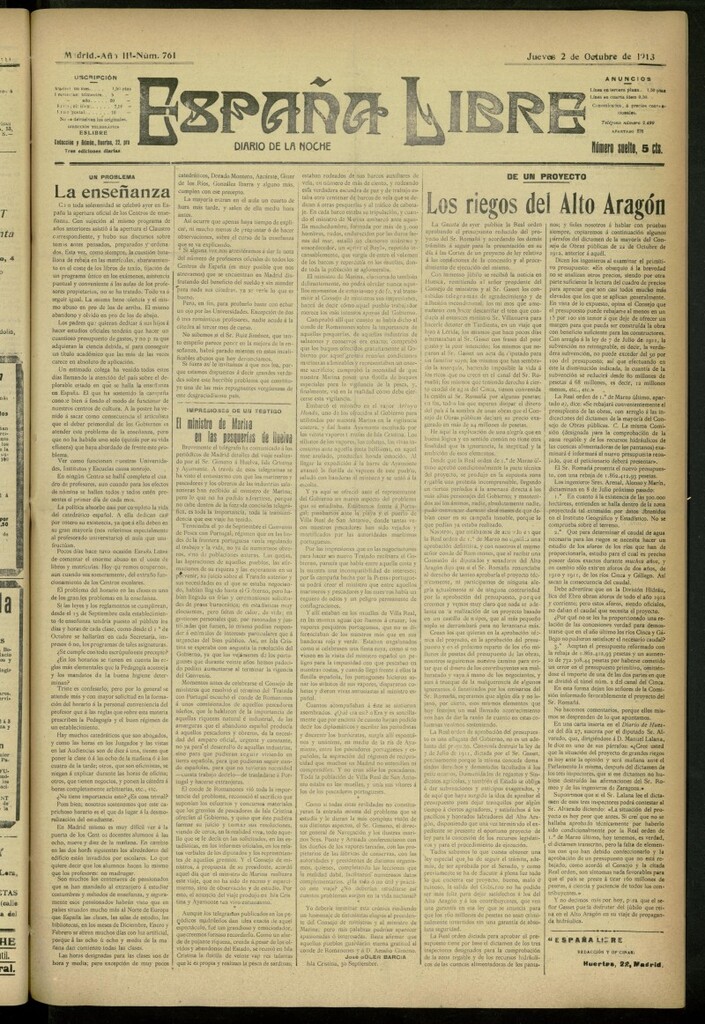 Miniatura de España Libre : Diario de la noche del 2 de octubre de 1913, nº 761