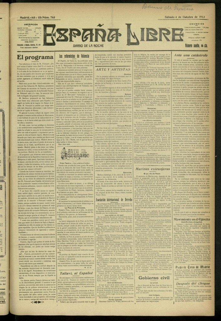 Miniatura de España Libre : Diario de la noche del 4 de octubre de 1913, nº 763