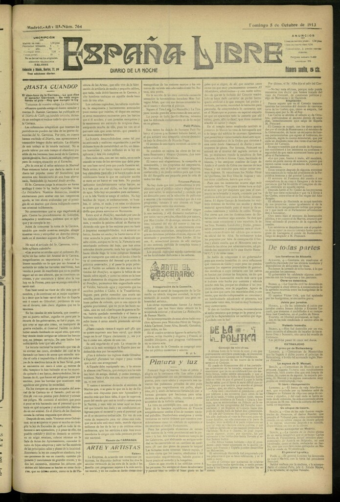 Miniatura de España Libre : Diario de la noche del 5 de octubre de 1913, nº 764