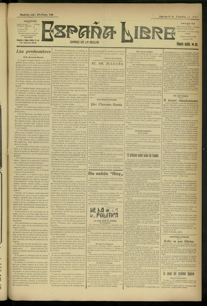 Miniatura de España Libre : Diario de la noche del 9 de octubre de 1913, nº 768