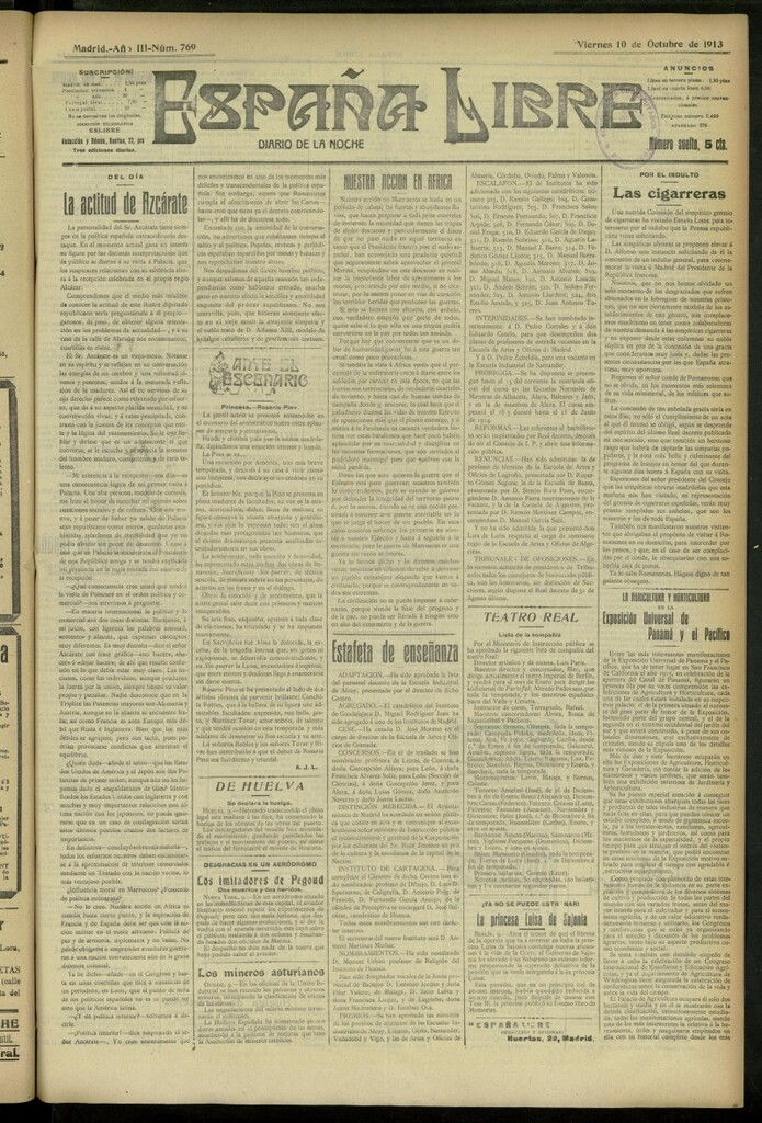 Miniatura de España Libre : Diario de la noche del 10 de octubre de 1913, nº 769