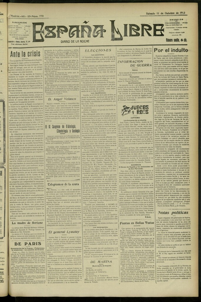 Miniatura de España Libre : Diario de la noche del 11 de octubre de 1913, nº 770