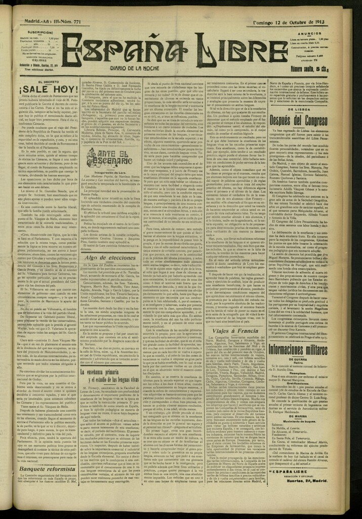 Miniatura de España Libre : Diario de la noche del 12 de octubre de 1913, nº 771