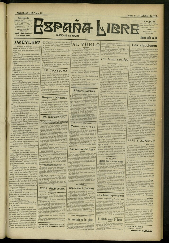 Miniatura de España Libre : Diario de la noche del 13 de octubre de 1913, nº 772