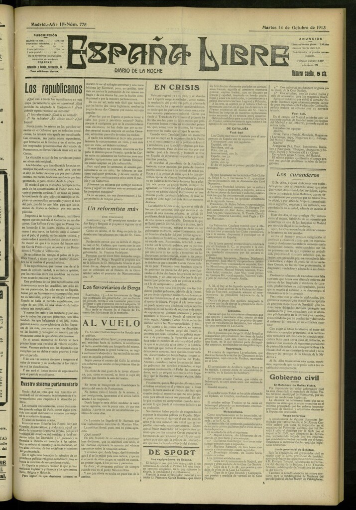 Miniatura de España Libre : Diario de la noche del 14 de octubre de 1913, nº 773