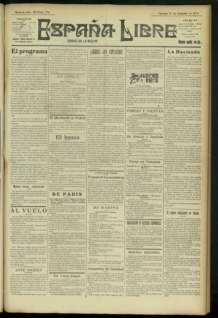 Miniatura de España Libre : Diario de la noche del 17 de octubre de 1913, nº 776