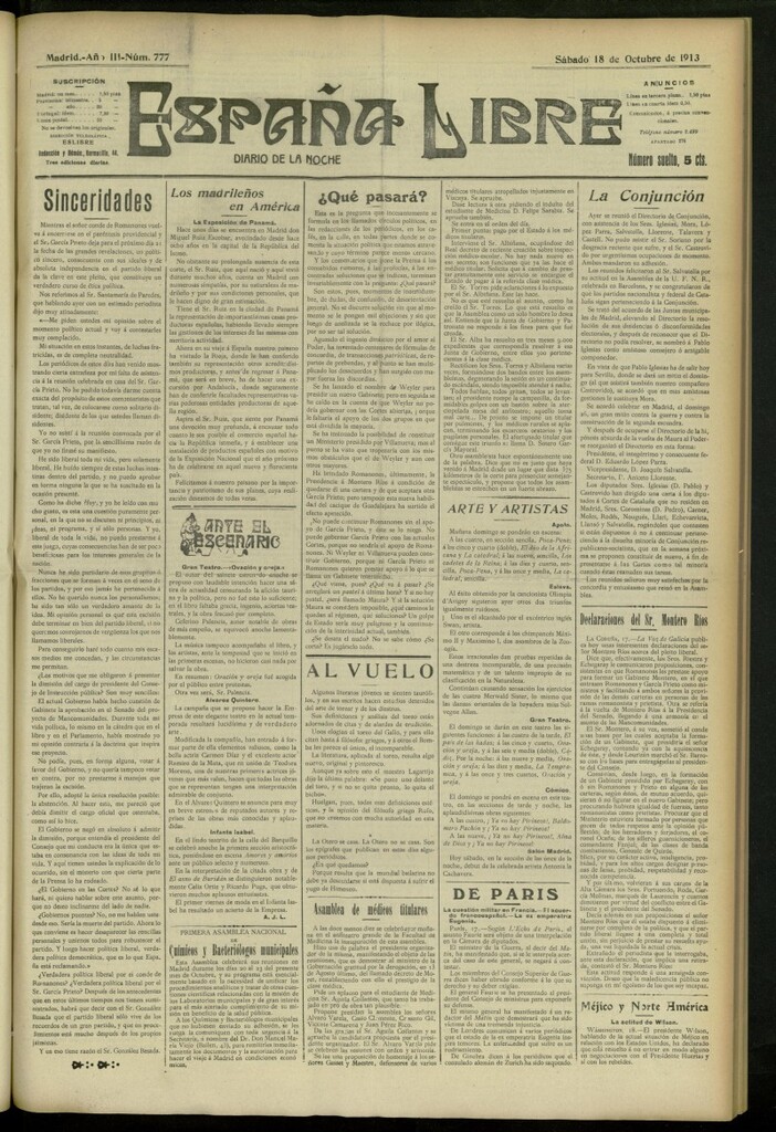 Miniatura de España Libre : Diario de la noche del 18 de octubre de 1913, nº 777