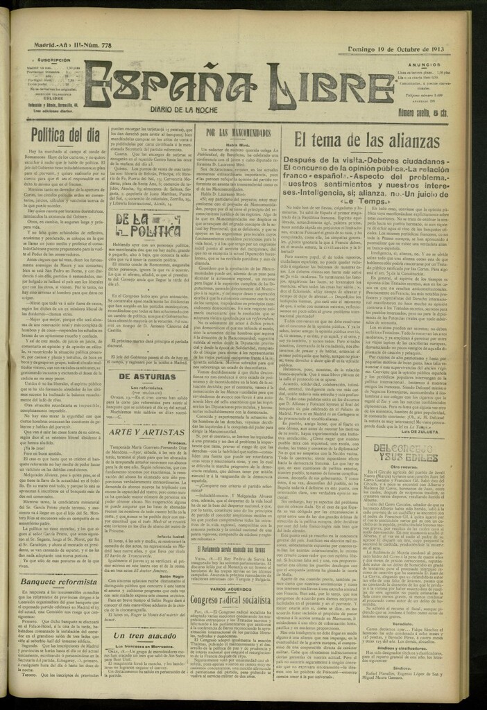 Miniatura de España Libre : Diario de la noche del 19 de octubre de 1913, nº 778