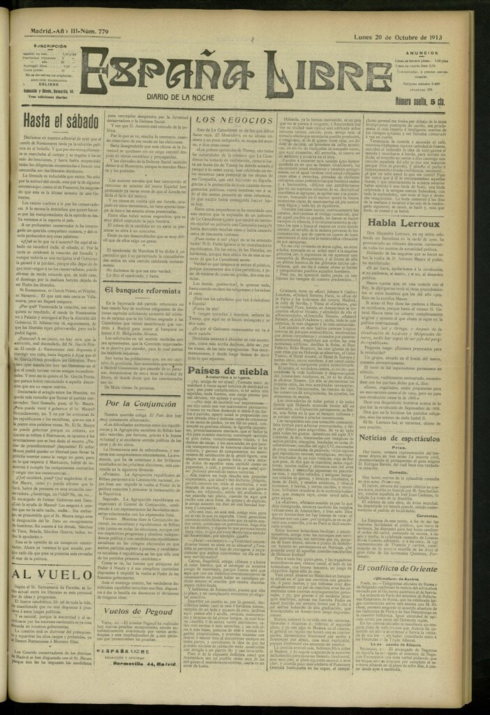 Miniatura de España Libre : Diario de la noche del 20 de octubre de 1913, nº 779