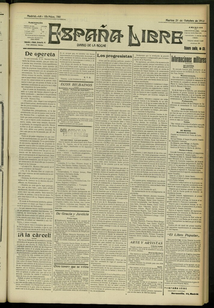 Miniatura de España Libre : Diario de la noche del 21 de octubre de 1913, nº 780