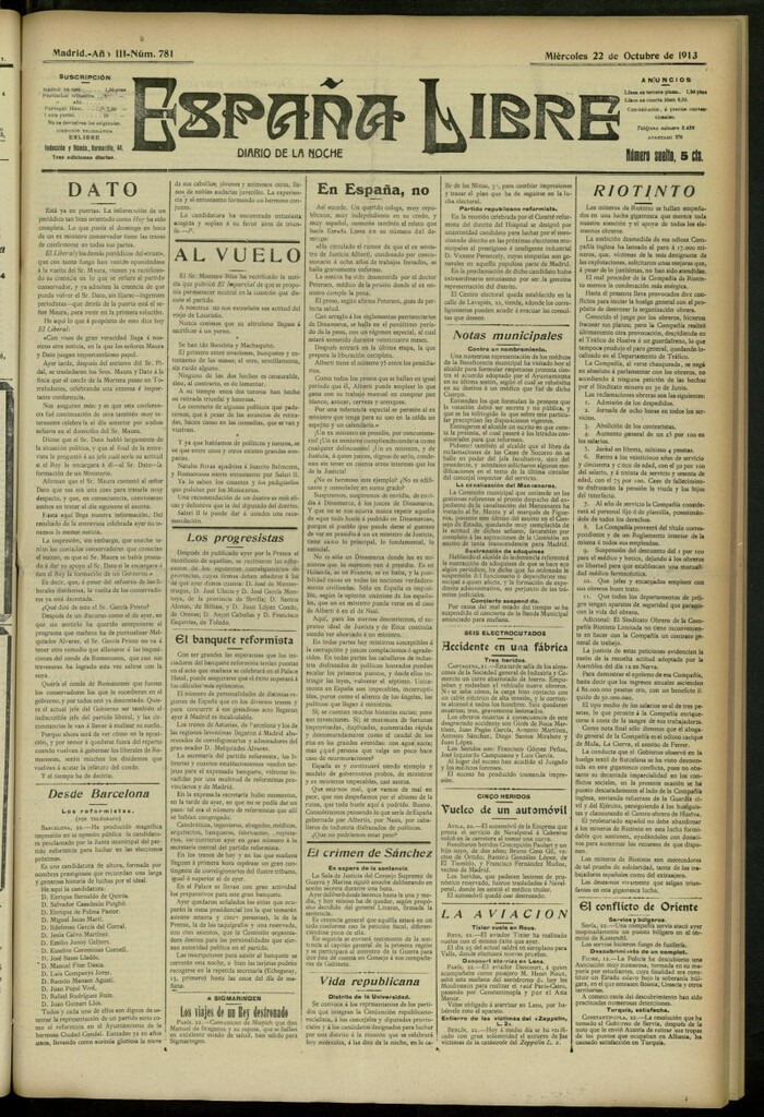 Miniatura de España Libre : Diario de la noche del 22 de octubre de 1913, nº 781