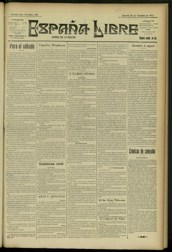 Miniatura de España Libre : Diario de la noche del 23 de octubre de 1913, nº 782