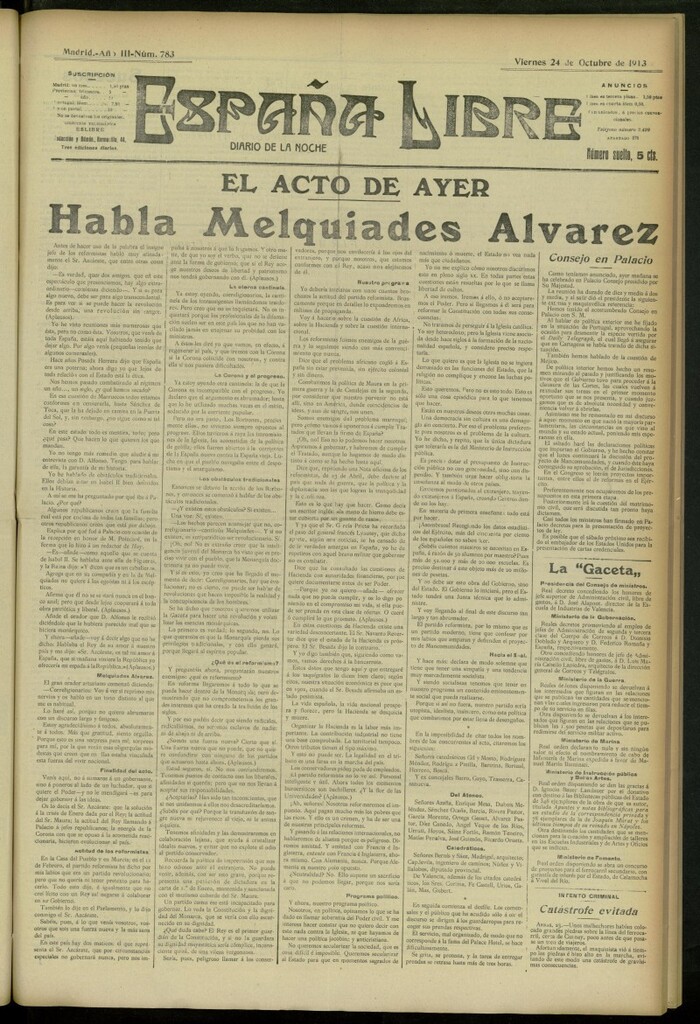 Miniatura de España Libre : Diario de la noche del 24 de octubre de 1913, nº 783