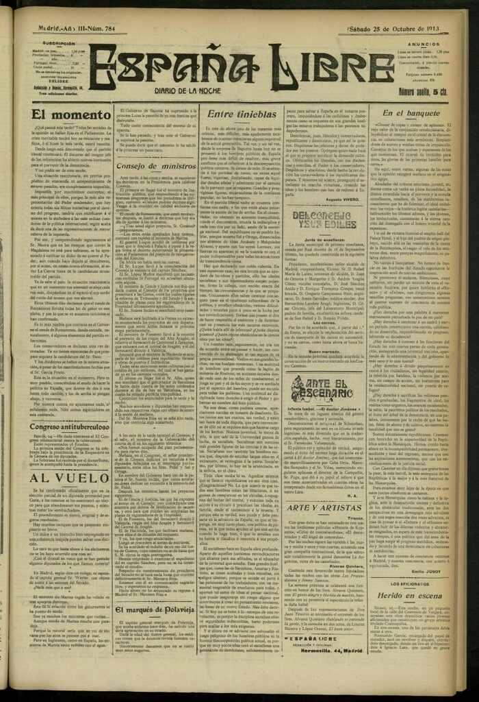 Miniatura de España Libre : Diario de la noche del 25 de octubre de 1913, nº 784