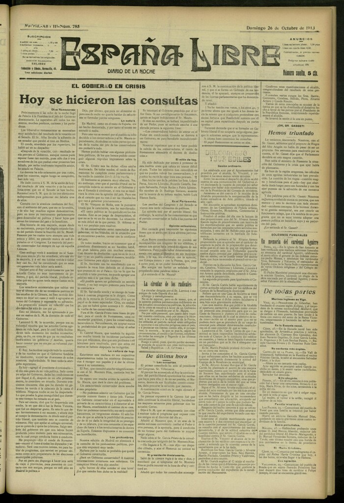 Miniatura de España Libre : Diario de la noche del 26 de octubre de 1913, nº 785