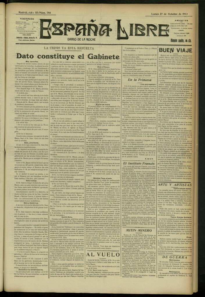 Miniatura de España Libre : Diario de la noche del 27 de octubre de 1913, nº 786