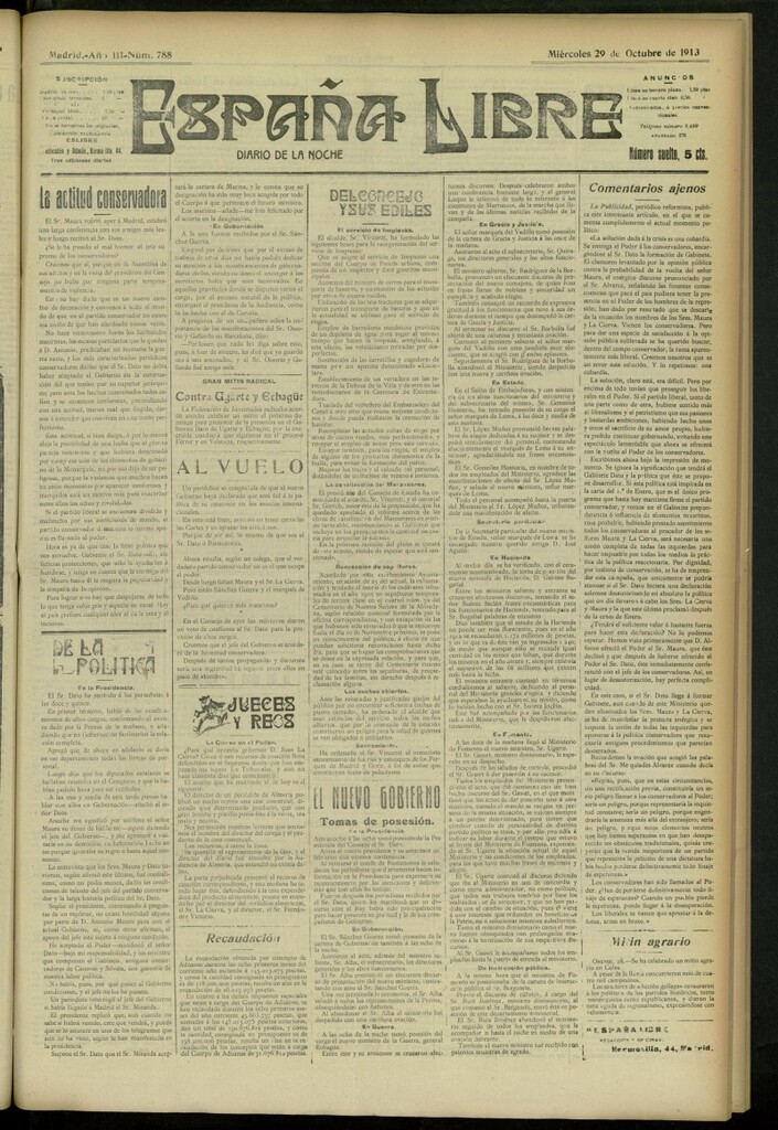 Miniatura de España Libre : Diario de la noche del 29 de octubre de 1913, nº 788