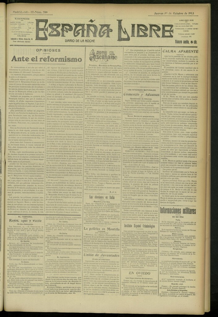 Miniatura de España Libre : Diario de la noche del 30 de octubre de 1913, nº 789