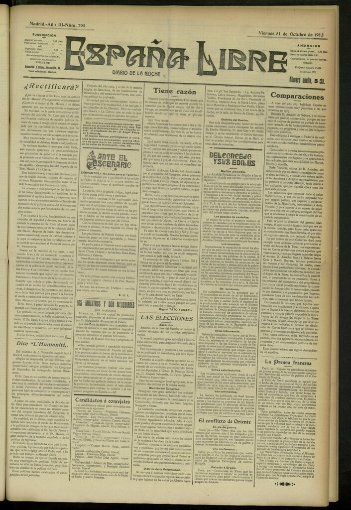 Miniatura de España Libre : Diario de la noche del 31 de octubre de 1913, nº 790